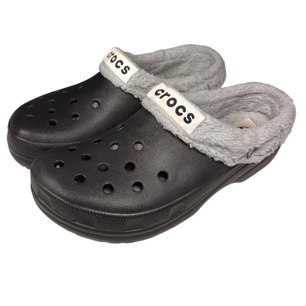 Crocs Mammoth Clog Mens 12 Black Grey Fleece Lined Fuzzy Winter Slip On Shoes
